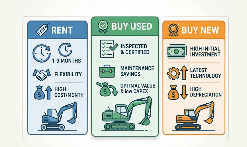 Infographic comparing buy vs rent excavator options. The chart illustrates monthly costs, flexibility, and investment ROI for rental, certified used, and new excavators, highlighting the low CAPEX of used equipment
