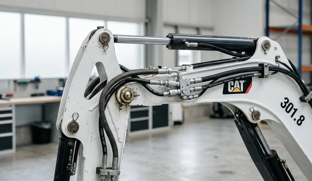 Close-up of a farm mini excavator hydraulic arm and cylinder, illustrating heavy-duty construction for professional agricultural excavation.