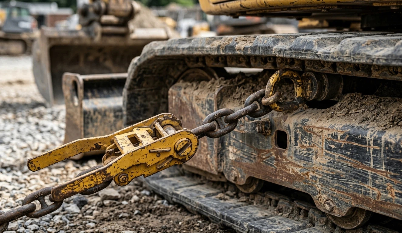 Close-up detail of a heavy-duty Grade 70 transport chain and a yellow steel ratchet binder tightly secured to a mini excavator track frame. Shows intense mechanical tension and scratched metal textures.