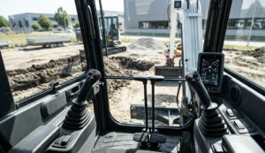 Operator's view inside a cabin showing how to operate mini excavator controls, joysticks, and the digital monitoring display on a job site.
