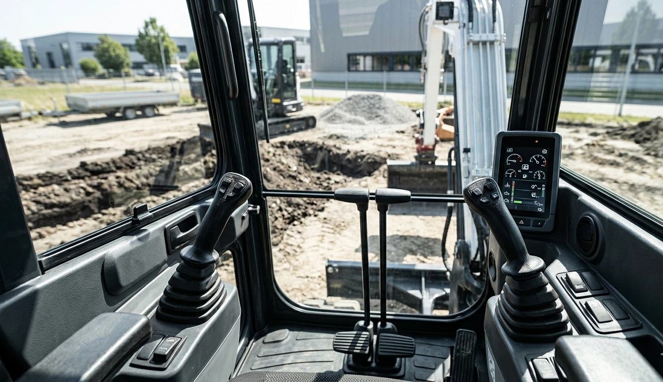 Operator's view inside a cabin showing how to operate mini excavator controls, joysticks, and the digital monitoring display on a job site.
