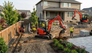 Multiple mini excavators working on a backyard landscaping project, featuring a 1.2t unit in a narrow trench and a 3.5t unit lifting landscape boulders.