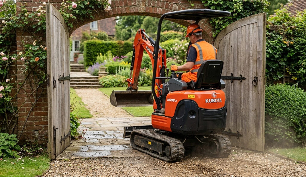 A sub-1-ton micro excavator with its expanding undercarriage fully retracted to traverse through a narrow, traditional English garden gate in a backyard construction project.