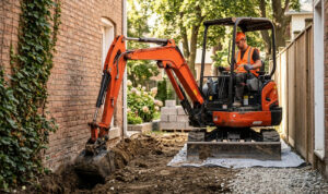 A professional orange mini digger performing precision foundation trenching in a narrow residential alleyway, demonstrating zero tail swing and boom swing capabilities near a brick wall.