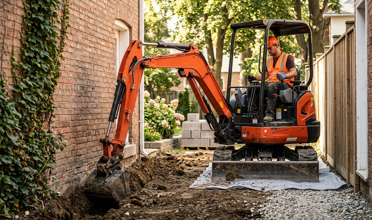 A professional orange mini digger performing precision foundation trenching in a narrow residential alleyway, demonstrating zero tail swing and boom swing capabilities near a brick wall.