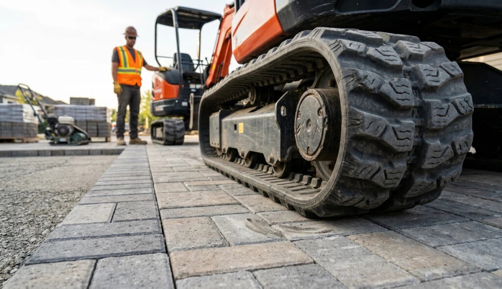 Close-up of high-durability rubber tracks on a mini digger showing zero damage to a professional interlocking brick driveway in a residential landscaping project.