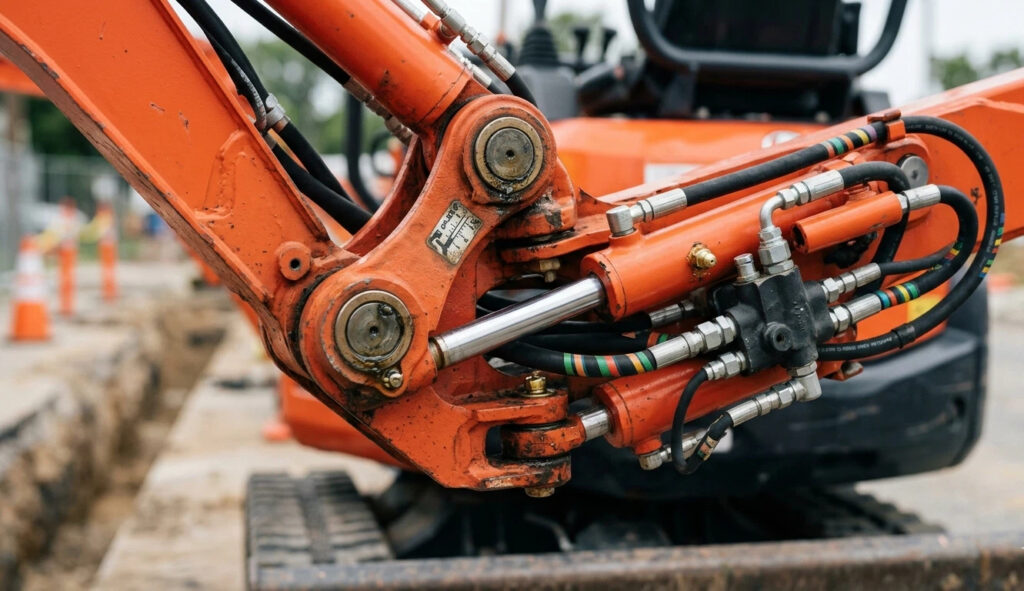 A technical close-up of a mini digger swing boom pivot point, highlighting the hydraulic cylinders and heavy-duty pins that enable offset digging along walls and foundations.
