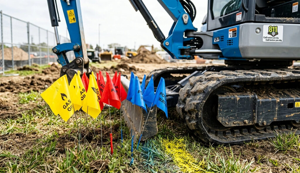 Colorful utility markings and flags positioned next to a mini excavator, emphasizing the importance of 811 compliance before you operate mini excavator equipment.