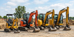 A row of different mini excavator sizes including 1-ton and 3-ton models to show various tonnage classes for construction.