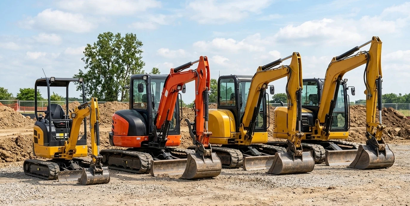 A row of different mini excavator sizes including 1-ton and 3-ton models to show various tonnage classes for construction.