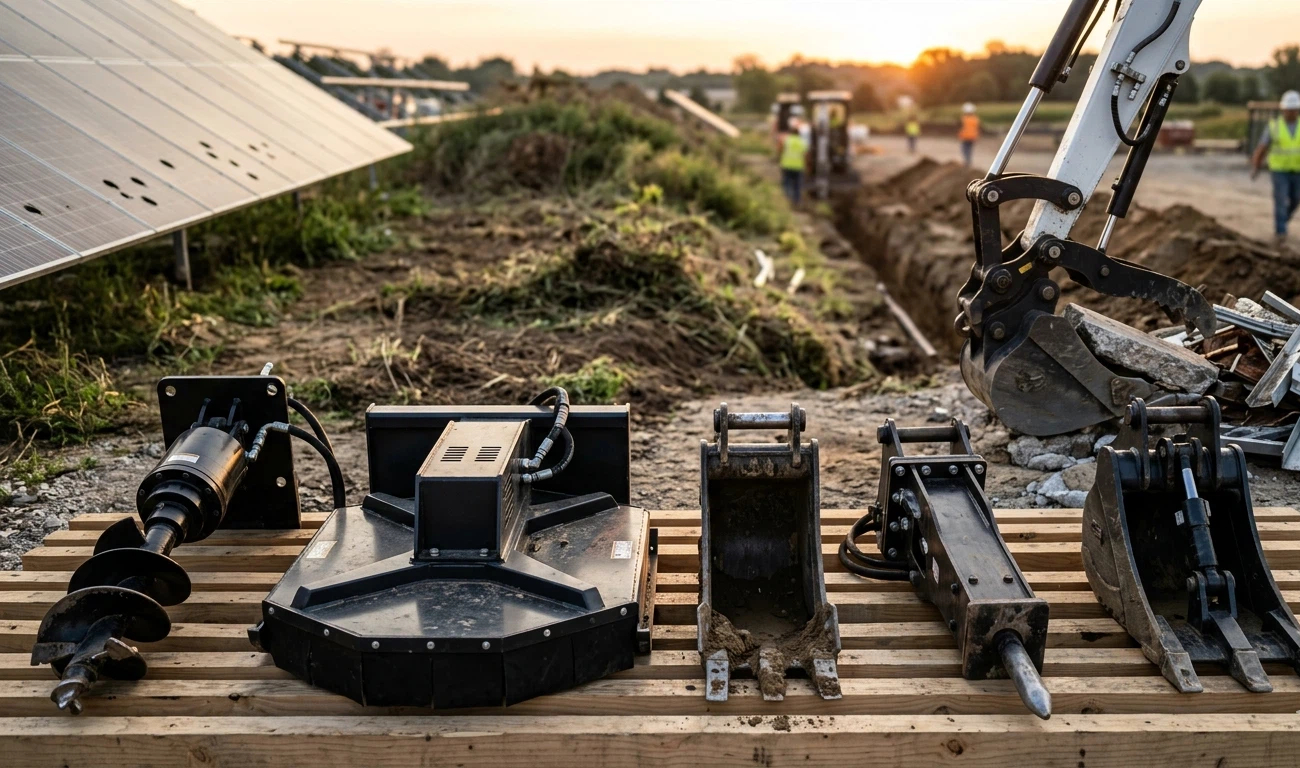 A professional collection of the most profitable mini excavator attachments for contractors, featuring a high-torque auger attachment, a rotary brush cutter, a narrow trenching bucket, a hydraulic breaker, and a thumb mechanism for small business ROI.