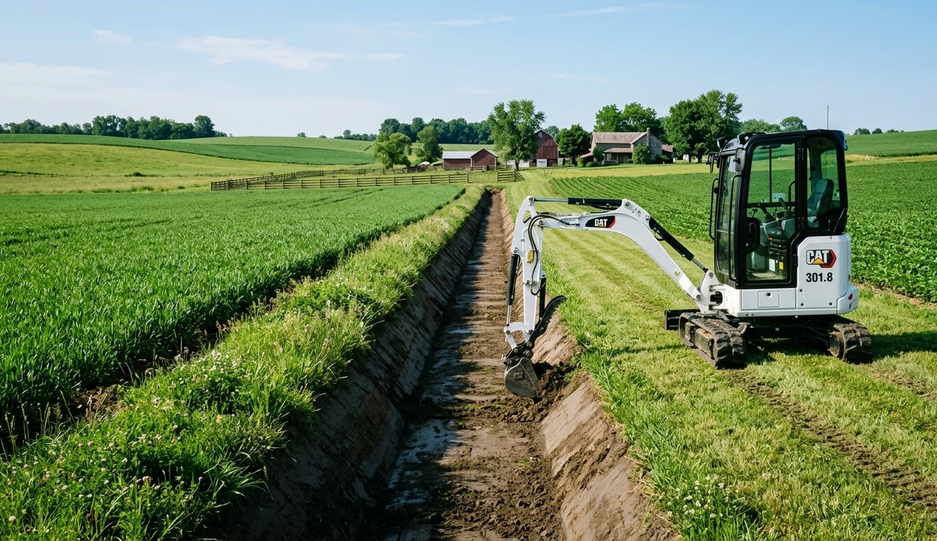 A white farm mini excavator performing precise ditch cleaning on a green homestead, showcasing professional agricultural excavation.