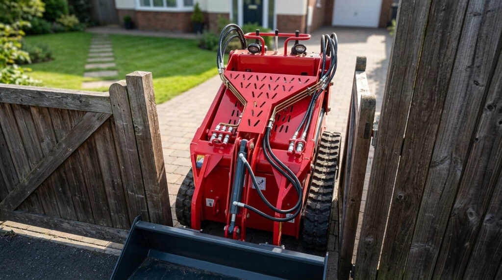 A red narrow mini skid steer driving through a 36-inch residential side gate for backyard landscaping access.