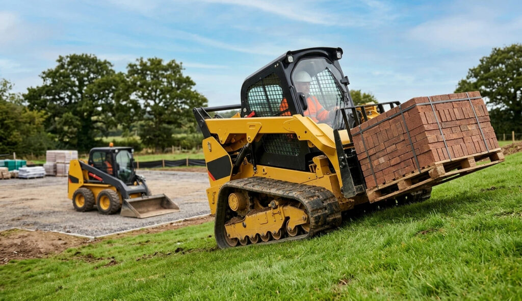 A compact track loader (CTL) demonstrates superior slope stability while carrying a pallet of bricks on a grassy incline. In the background, a wheeled skid steer illustrates the different footprint requirements for uneven terrain.
