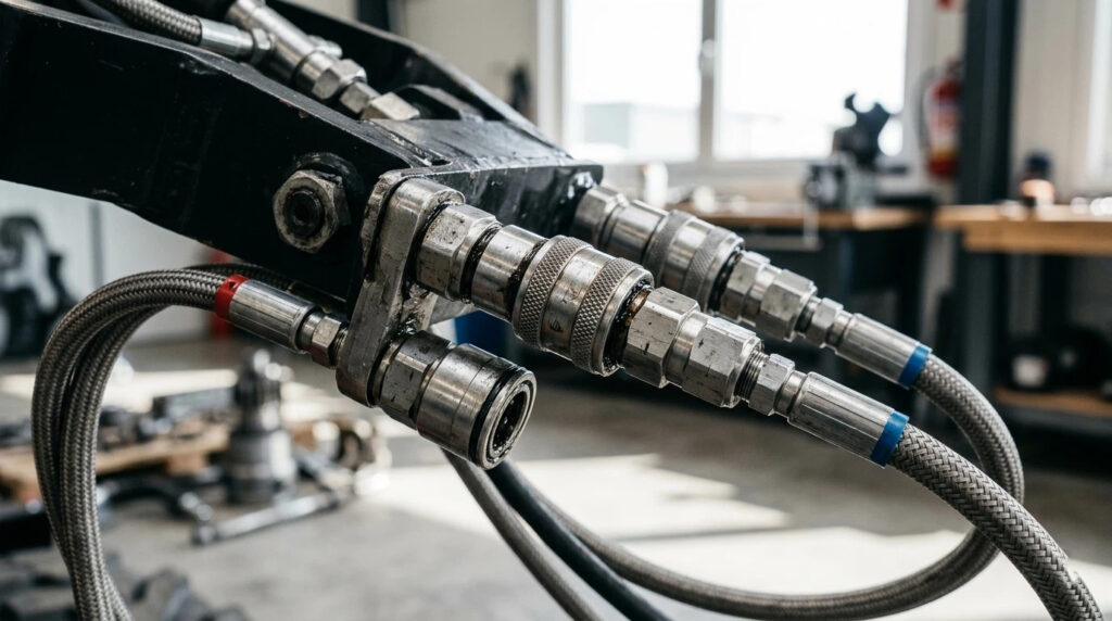 Macro detail of heavy-duty hydraulic quick-connect couplers on a professional-grade narrow mini skid steer loader.