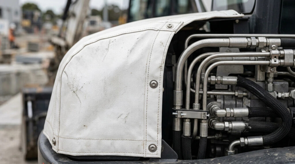 Macro detail of heavy-duty white PVC engine shroud and industrial hydraulic lines on a narrow mini skid steer for construction.