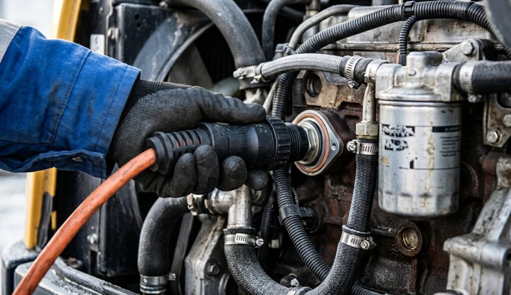 Technician connecting an engine block heater to a mini excavator to assist with cold weather starting and prevent engine wear during winter.