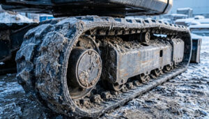 Close-up of frozen mud and ice on mini excavator rubber tracks, highlighting the need for winter track care and daily maintenance during cold weather.