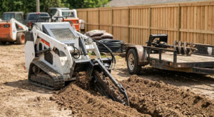 A realistic industrial photograph of a compact white mini skid steer loader operating a hydraulic trenching attachment to cut a clean ditch in soil. A timber privacy fence runs along the background, and a heavy-duty planetary auger attachment rests on a black utility trailer to the right.
