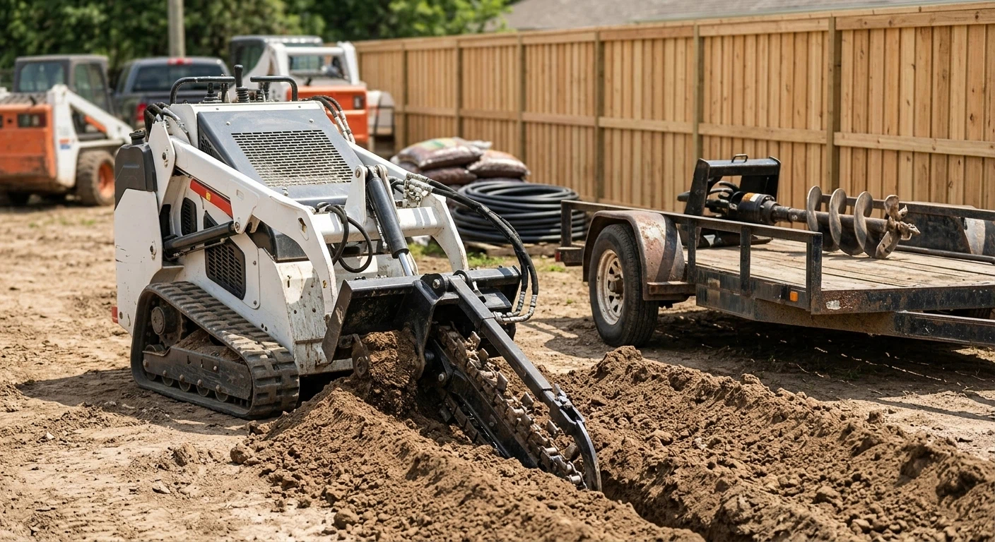 A realistic industrial photograph of a compact white mini skid steer loader operating a hydraulic trenching attachment to cut a clean ditch in soil. A timber privacy fence runs along the background, and a heavy-duty planetary auger attachment rests on a black utility trailer to the right.