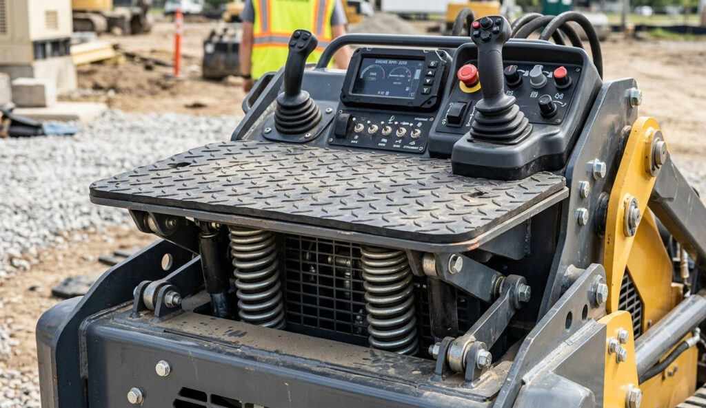 Technical close-up of a stand-on mini skid steer operator station featuring dual-joystick controls, heavy-duty rubber matting, and high-travel suspension springs for vibration dampening.