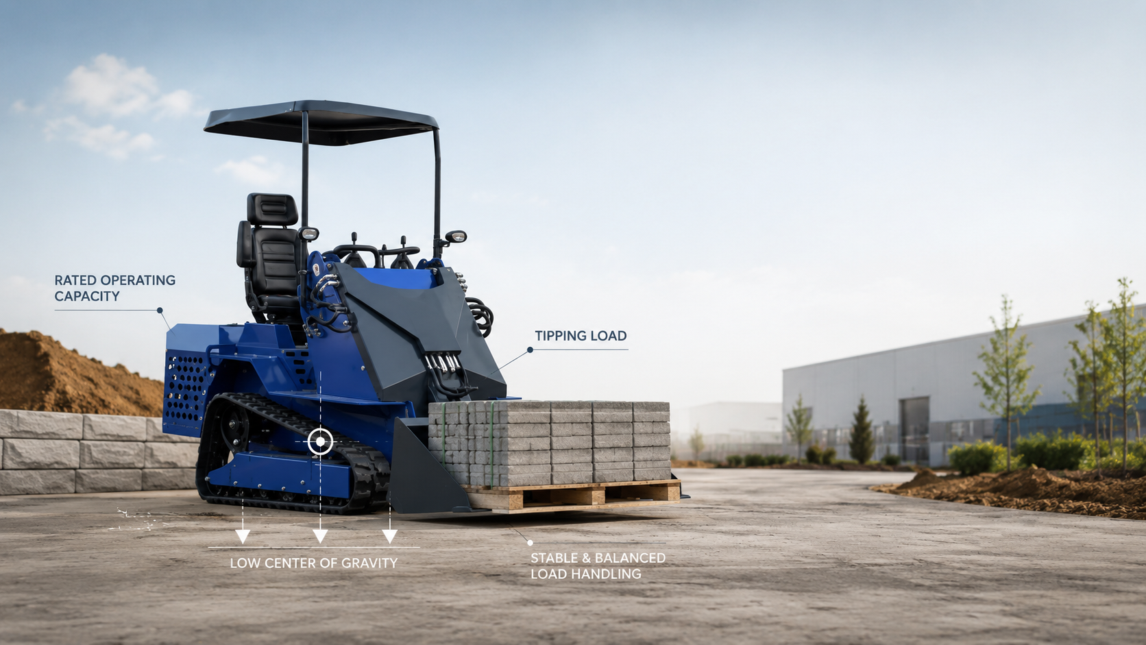 Mini skid steer lift capacity cover image showing rated operating capacity, tipping load, low center of gravity, and safe load handling