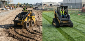 Visual comparison of tracked vs wheeled mini skid steer for landscaping. The wheeled unit on dirt leaves deep ruts, while the compact track loader (CTL) moves across soft grass without surface damage.