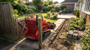 Professional narrow mini skid steer performing excavation in a tight residential backyard landscape.