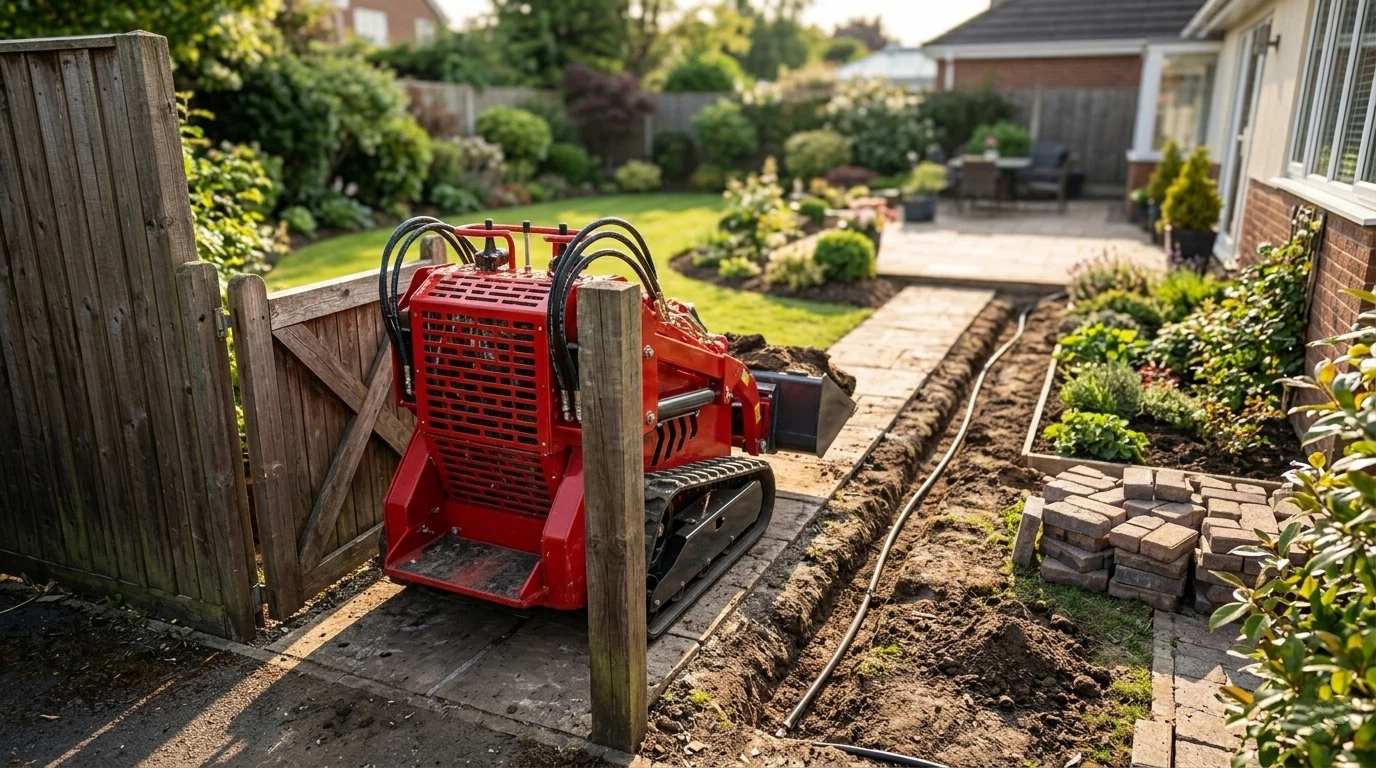 Professional narrow mini skid steer performing excavation in a tight residential backyard landscape.