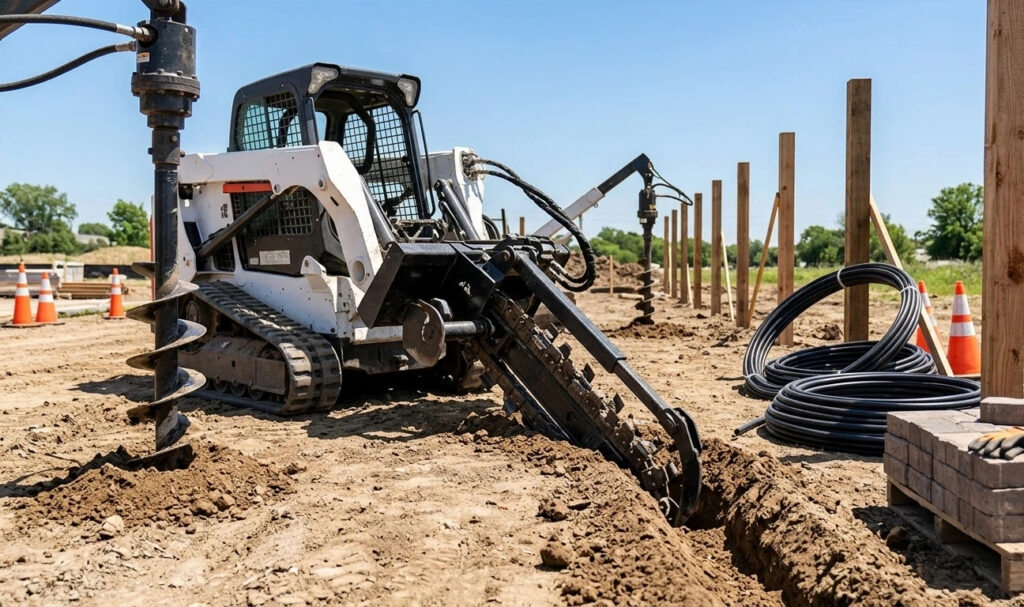 A realistic, text-free commercial photograph of a white compact mini skid steer loader operating a heavy-duty chain trencher on a soil jobsite, flanked by a hydraulic auger boring drive, a coil of black irrigation pipe, and newly set wooden fence posts under a clear blue sky.
