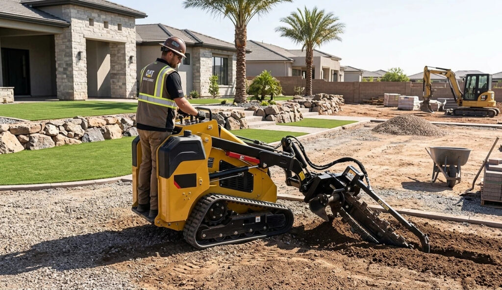 A professional operator on a stand-on mini skid steer installs a high-capacity trenching attachment for subgrade irrigation lines at a luxury home project.