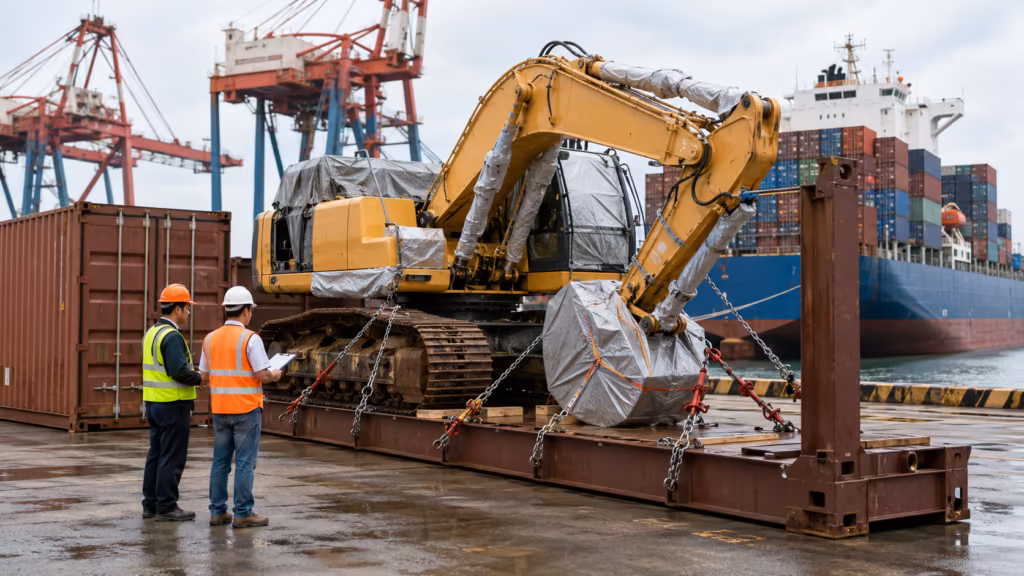 Used excavator loaded on flat rack shipping from China at port