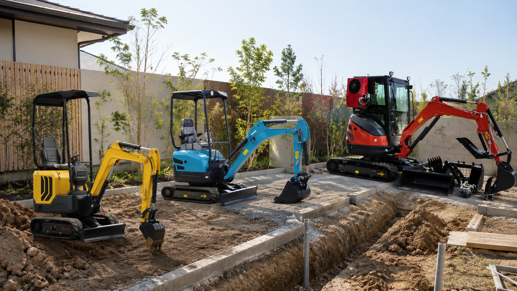 Mini excavator size guide cover showing 1 ton, 2 ton, and 3 ton mini excavators working on small construction, landscaping, and trenching projects