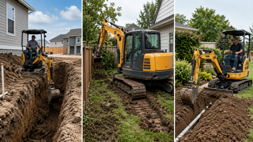 Split-screen guide showing a mini excavator that is too small for deep trenching, a machine that is too large for a tight backyard, and the right mini excavator size working efficiently on a small job