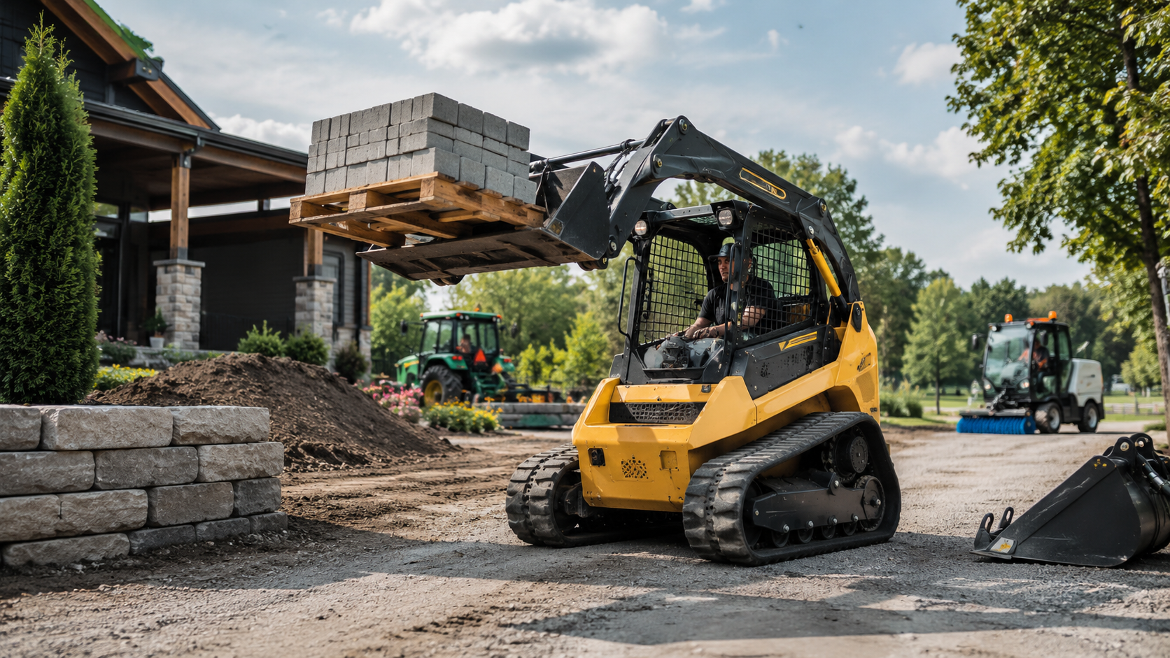Mini loader buying guide cover showing a compact loader lifting pallet blocks on a construction and landscaping jobsite