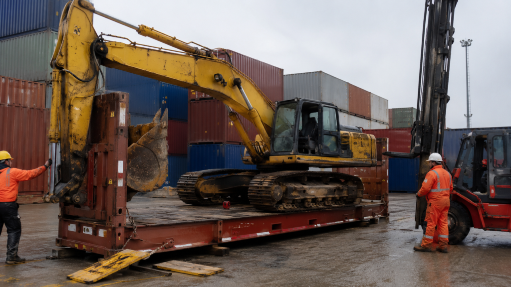 Used excavator being loaded onto a flat rack for international shipping at a port logistics yard