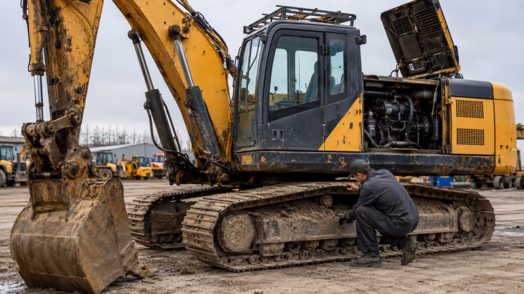 Used excavator inspection checking undercarriage engine and hydraulic cylinders