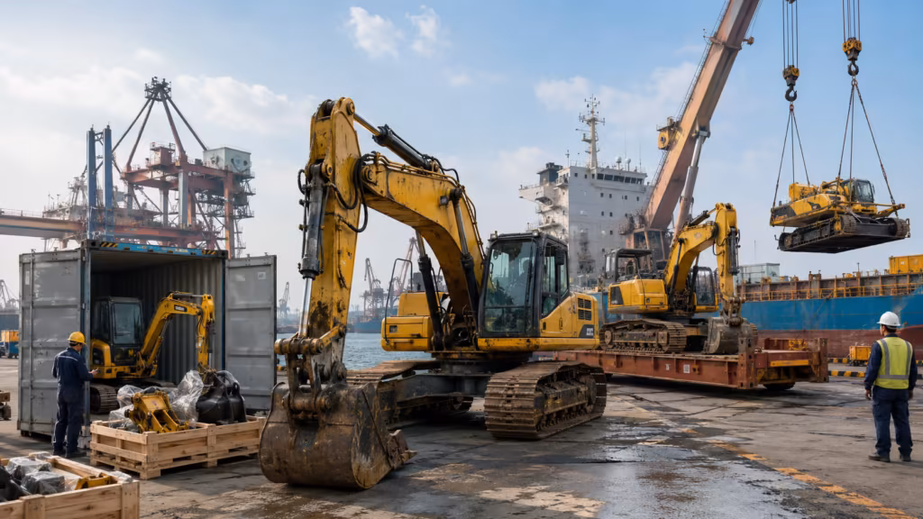Used excavator shipping from China with container flat rack and bulk cargo loading options