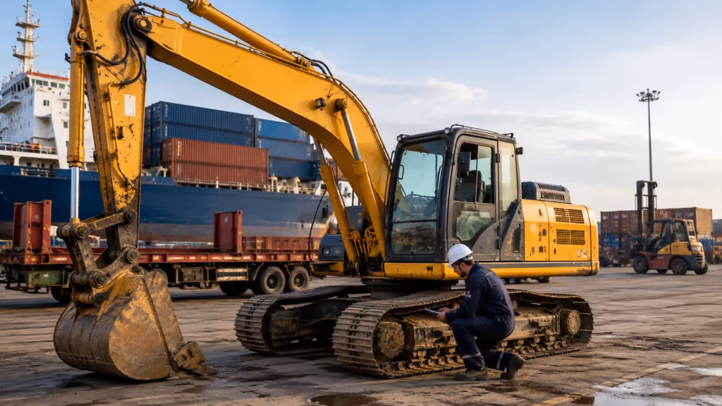 Used excavators from China being inspected before export shipping