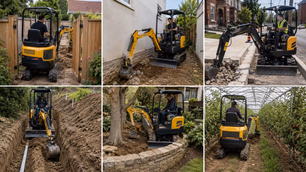 Zero tail swing mini excavator working in narrow yards, wall-side digging, roadside repair, drainage trenches, landscaping, and greenhouse paths