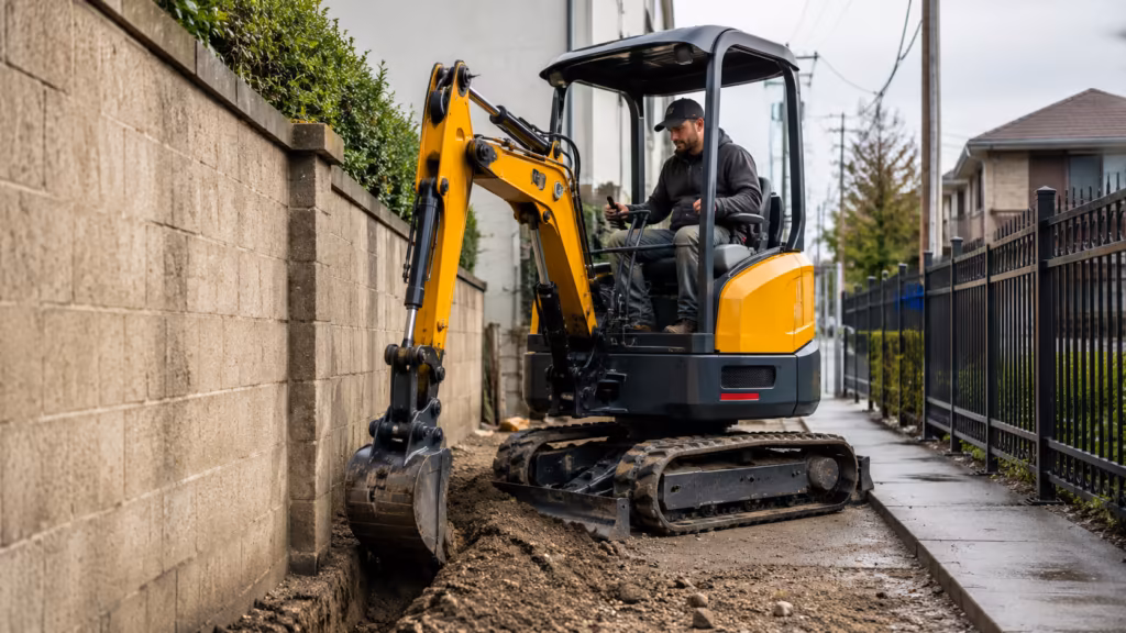 Zero tail swing mini excavator working in a narrow residential jobsite beside a wall and sidewalk