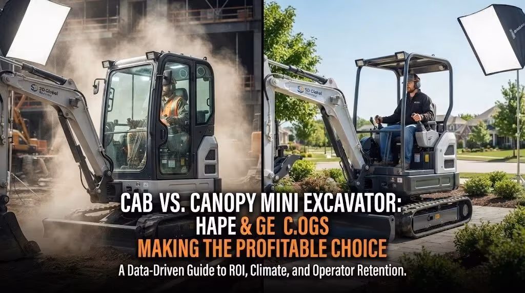 Split-screen comparison for mini excavators: Cab configuration in a dusty construction site (left) contrasted with Canopy configuration in a green landscaping environment (right). Demonstrates operator comfort vs. agility.