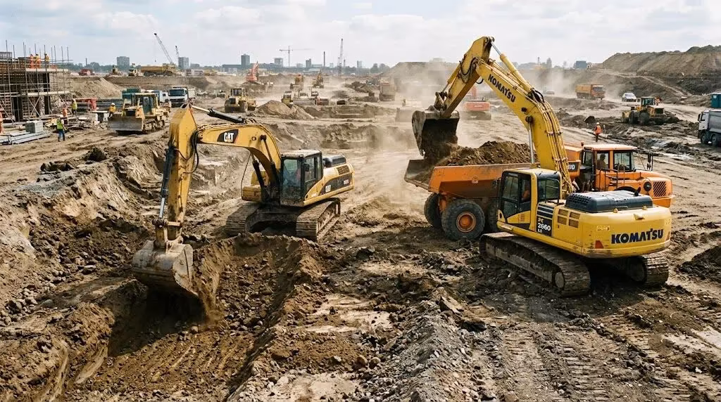 A CAT crawler excavator digging a trench alongside a Komatsu excavator loading a dump truck with dirt on a muddy construction site.