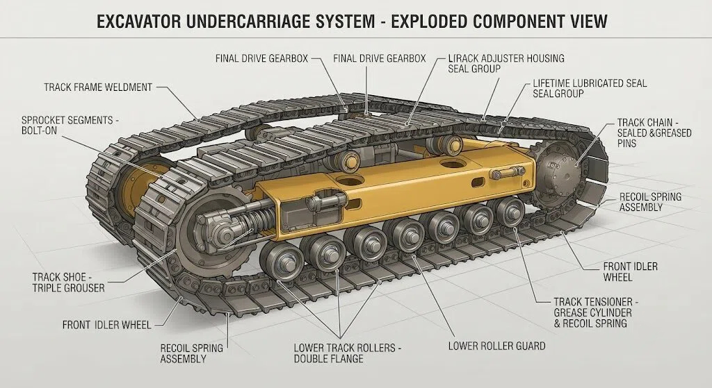 excavator undercarriage parts diagram showing track chain rollers sprocket and idler