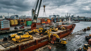 Heavy yellow construction machinery, including crawler excavators and bulldozers, being loaded onto a cargo ship at an industrial port with shipping containers in the background.