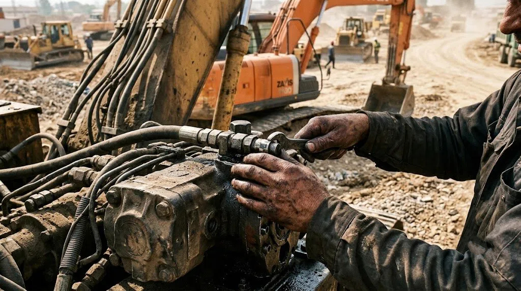 Close-up of a field mechanic's grease-stained hands using a wrench on an excavator hydraulic pump at a construction site. Focus is on metal texture and technician's hands.