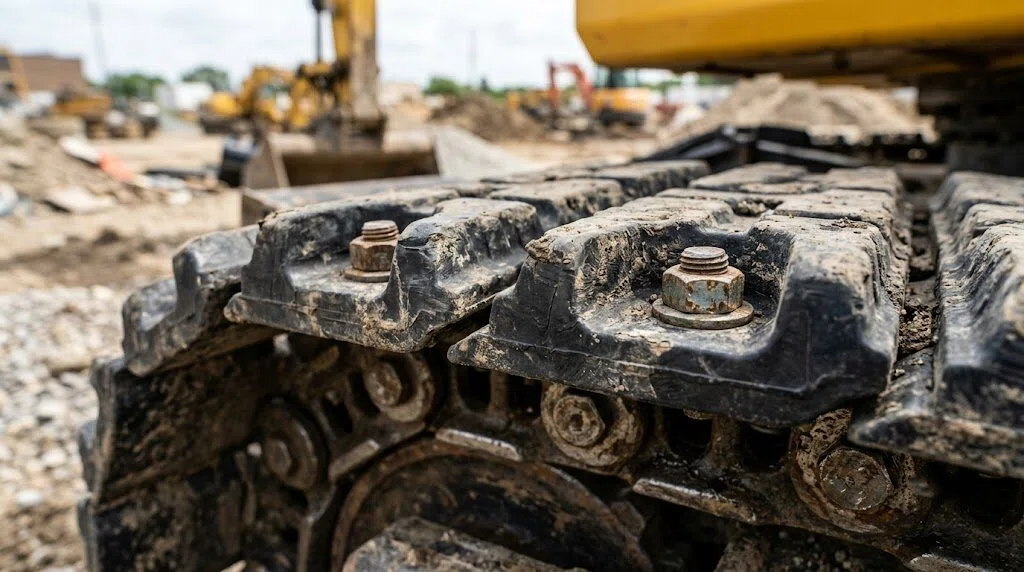 Macro photography of heavy-duty bolt-on rubber pads securely attached to a steel excavator track chain, highlighting the robust metal bolts and thick wear-resistant rubber tread on an industrial job site.