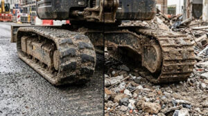 Comparison of the lower frame of a micro excavator in split-screen view: On the left is the rubber tracks on the asphalt road surface, and on the right is the steel tracks on the demolition debris.