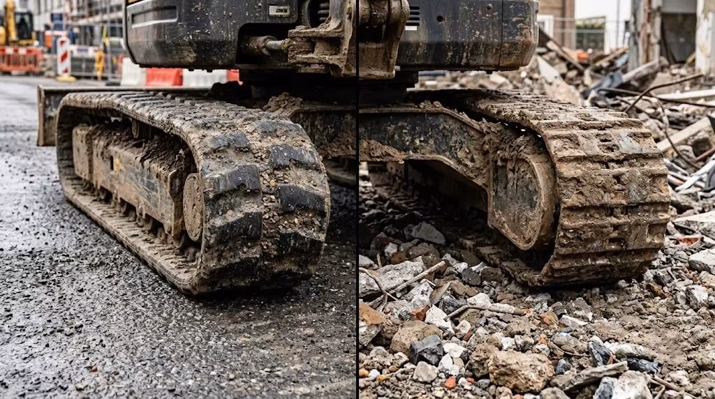 Comparison of the lower frame of a micro excavator in split-screen view: On the left is the rubber tracks on the asphalt road surface, and on the right is the steel tracks on the demolition debris.