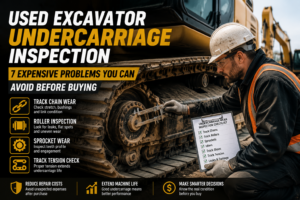 Infographic showing used excavator undercarriage inspection checklist: 7 key areas to inspect including track chain wear, rollers, sprockets, and track tension to avoid expensive repairs before buying.